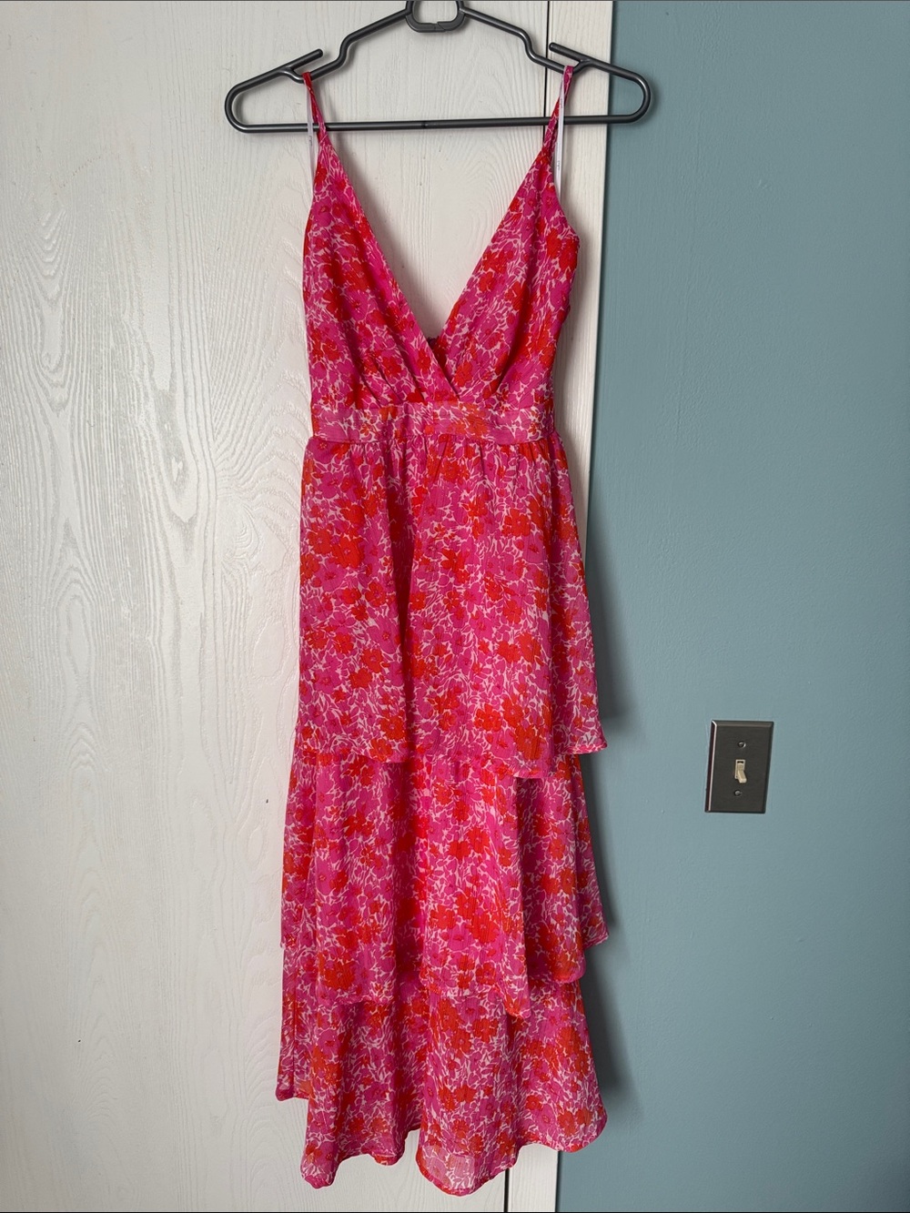 Adorable Obsession Pink Floral Print Lurex Tiered Midi Dress